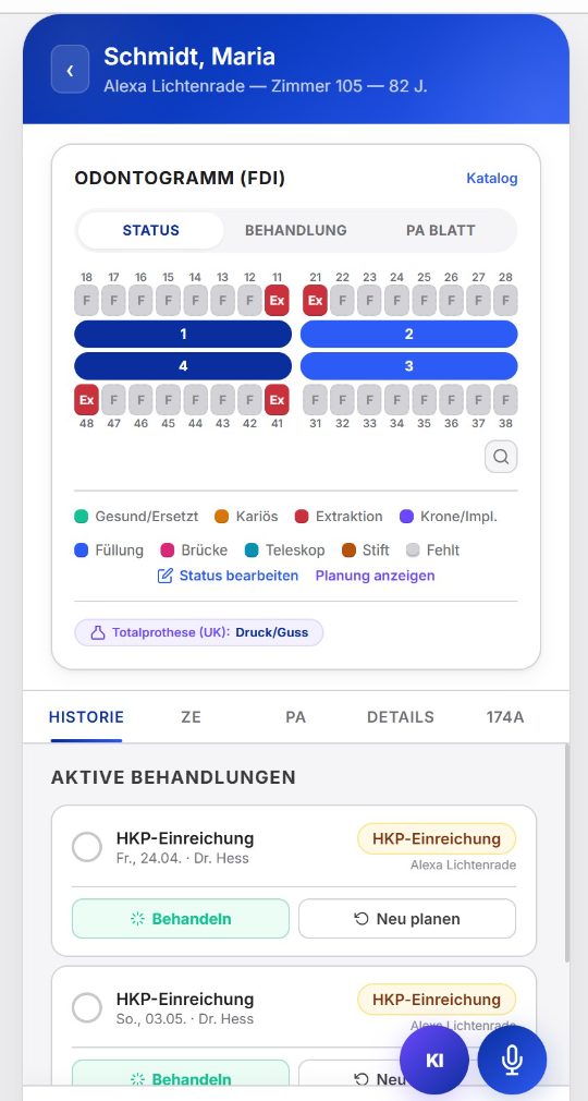 Health Ledger — patient record with FDI odontogram, active treatments, AI panel and voice input